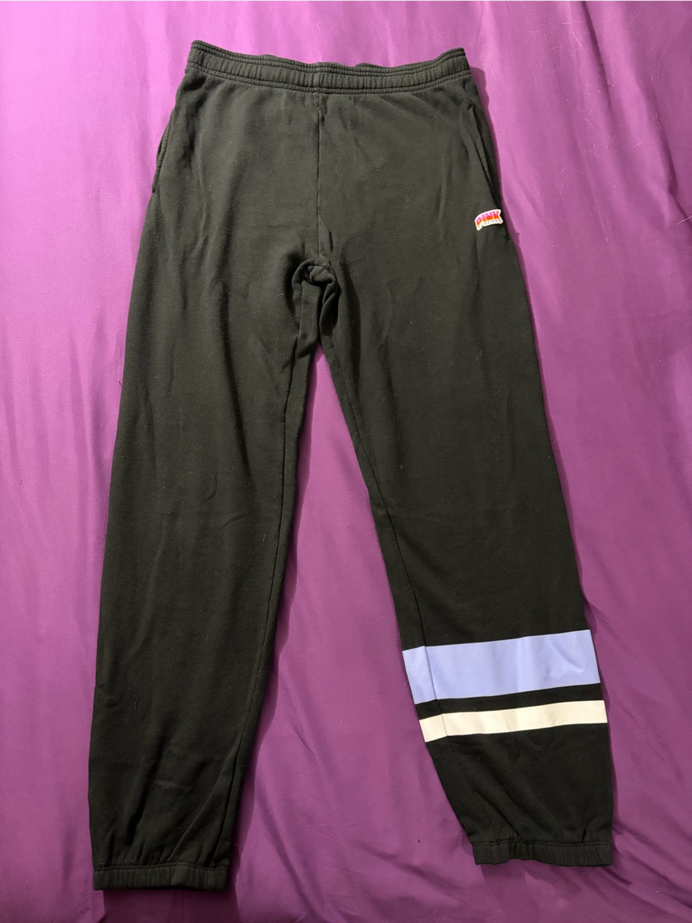 PINK Victoria's Secret Black Sweatpants with White and Light Purple Stripes